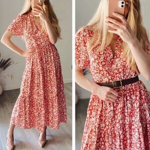 Zara NWT white and red floral print midi dress, size L